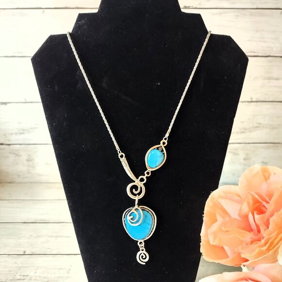 New Statement Faux Turquoise Stones Silver Tone Necklace 28" Bold - Picture 1 of 7